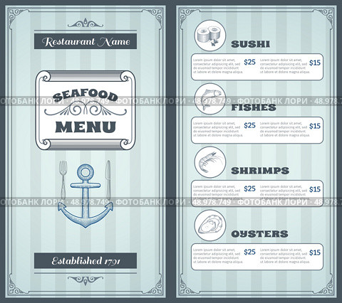 Seafood classic products restaurant menu vintage template design vector illustration. Стоковая иллюстрация, агентство Ingram Publishing / Фотобанк Лори
