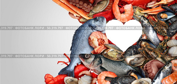 Seafood heart shape and Sea food background or fresh shellfish as lobster steamed clams mussels shrimp and crab sardines octopus as an ocean catch of the day gourmet dinner with copyspace. Стоковое фото, агентство Ingram Publishing / Фотобанк Лори