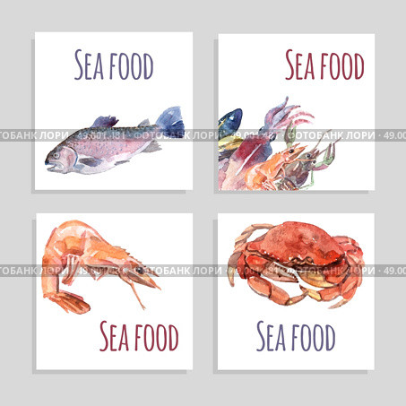 Seafood Watercolor Banners Set. Seafood watercolor square banners set with crabs fish and shrimp isolated vector illustration . Стоковая иллюстрация, агентство Ingram Publishing / Фотобанк Лори