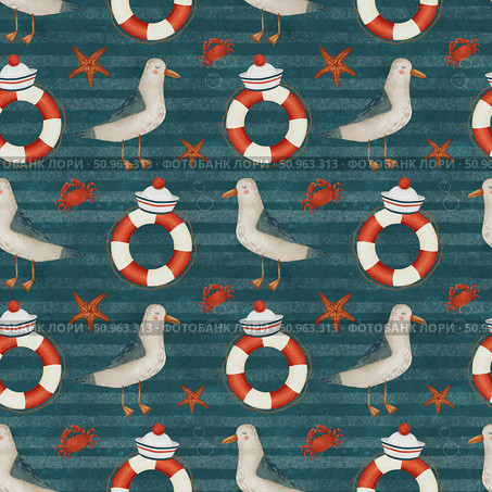 Seagulls, lifebuoys, sailor's caps, crabs and starfish on seamless pattern. Стоковая иллюстрация, иллюстратор Елена Захаревич / Фотобанк Лори