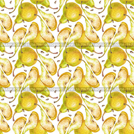 Seamless drawing of whole pears and pieces of fruit on a white background. Watercolor illustration. A botanical template for packaging, wallpaper, textiles and tableware, and health food stores. Стоковая иллюстрация, иллюстратор Беляева Елена / Фотобанк Лори
