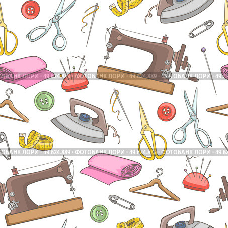Seamless patter with sewing and needlework tools and accessories. Hand drawn vector background. Стоковая иллюстрация, агентство Ingram Publishing / Фотобанк Лори