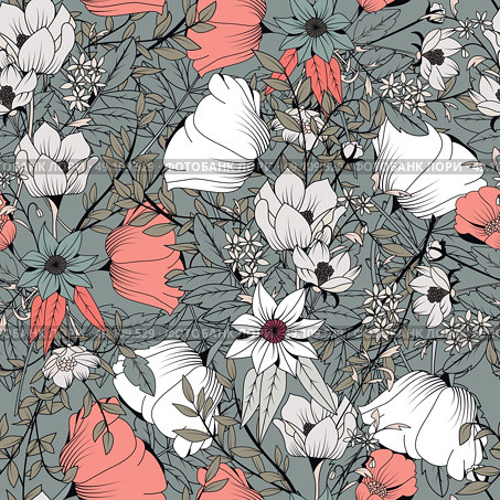 Seamless pattern design with hand drawn flowers and floral elements. Стоковая иллюстрация, агентство Ingram Publishing / Фотобанк Лори