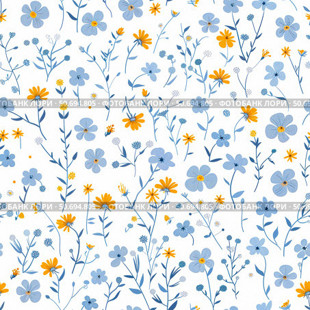 Seamless pattern of a drawn wild flowers. Nice vintage pattern with white background. Стоковое AI-изображение, AI-художник Олег Яцкевич / Фотобанк Лори