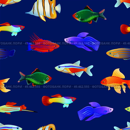 Seamless pattern with big color marine creatutes cartoon vector illustration. Print for textile or fabric with sea inhabitants, cartoonish wallpaper.. Varicoloured Marine Creatures Seamless Pattern. Стоковая иллюстрация, агентство Ingram Publishing / Фотобанк Лори