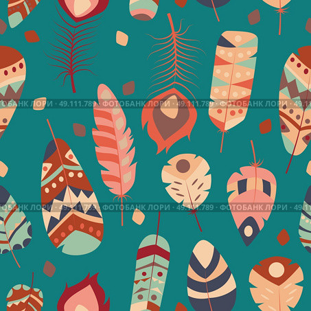 Seamless pattern with boho vintage tribal ethnic colorful vibrant feathers, vector illustration. Стоковая иллюстрация, агентство Ingram Publishing / Фотобанк Лори