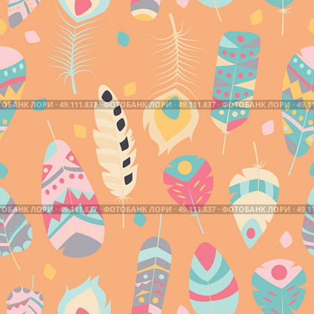 Seamless pattern with boho vintage tribal ethnic colorful vibrant feathers, vector illustration. Стоковая иллюстрация, агентство Ingram Publishing / Фотобанк Лори