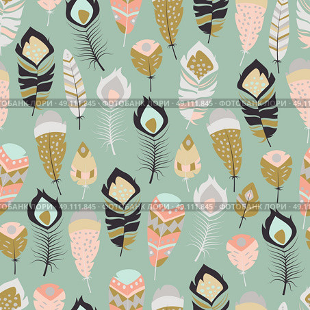 Seamless pattern with boho vintage tribal ethnic colorful vibrant feathers, vector illustration. Стоковая иллюстрация, агентство Ingram Publishing / Фотобанк Лори