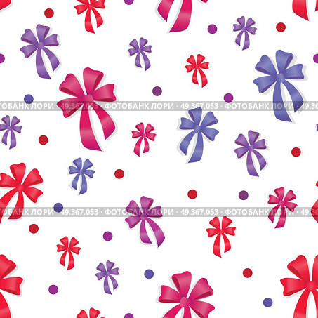 Seamless Pattern with Bows. Gift Kknots of Ribbon. Seamless pattern with bows isolated on white. Pussy color bright bowknots endless texture. Gift knots of ribbon in flat style design. Overwhelming bow decorative elements Vector cartoon illustration. Стоковая иллюстрация, агентство Ingram Publishing / Фотобанк Лори