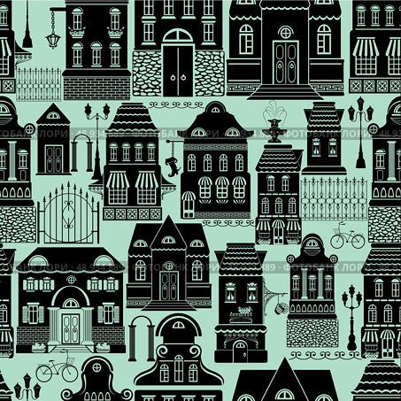 Seamless pattern with fairy tale houses, lanterns, trees. City endless background. Ready to use as swatch. Black silhouettes on blue background. Стоковая иллюстрация, агентство Ingram Publishing / Фотобанк Лори
