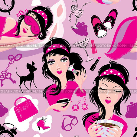 Seamless pattern with glamor lovely girls slipping, using brush to apply make-up, drinking coffee. Modern woman life background. Стоковая иллюстрация, агентство Ingram Publishing / Фотобанк Лори