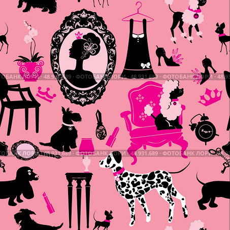 Seamless pattern with glamour accessories, furniture, girl portrait and dogs (Dalmatian, dachshund, terrier, poodle, chihuahua)  - black silhouettes on pink background. Ready to use as swatch. Стоковая иллюстрация, агентство Ingram Publishing / Фотобанк Лори