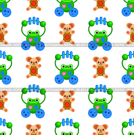 Seamless pattern with green frogs and brown plush bears toys for children isolated on white. Vector wrapping paper with playthings. Seamless Pattern with Frogs and Plush Bears Toys. Стоковая иллюстрация, агентство Ingram Publishing / Фотобанк Лори