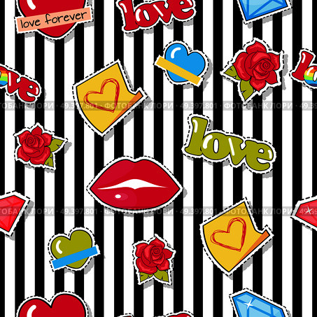 Seamless pattern with lips, roses, colorful hearts and diamonds patch. Textile fabric of objects with dashed line. Wrapping paper design for valentines day. Modern fashionable wallpaper. Vector. Seamless Pattern with Lips, Roses, Hearts, Diamond. Стоковая иллюстрация, агентство Ingram Publishing / Фотобанк Лори