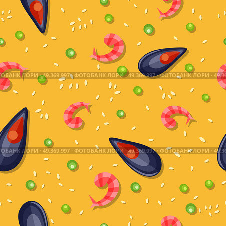 Seamless pattern with shrimps and shellfish isolated. Fresh shrimp and shellfish. Seafood concept icon in flat style. Popular ingredient in Spanish cuisine. For restaurant menu. Vector illustration. Seamless Pattern with Shrimps, Shellfish Isolated. Стоковая иллюстрация, агентство Ingram Publishing / Фотобанк Лори
