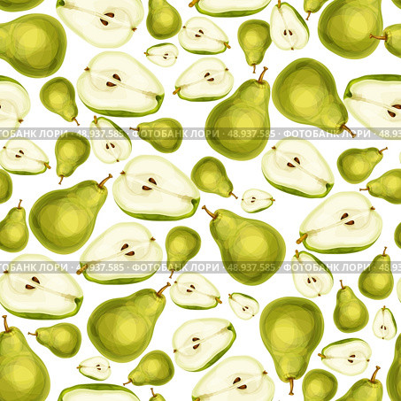 Seamless pear fruit sliced in half with seed and leaves pattern hand drawn sketch vector illustration. Стоковая иллюстрация, агентство Ingram Publishing / Фотобанк Лори