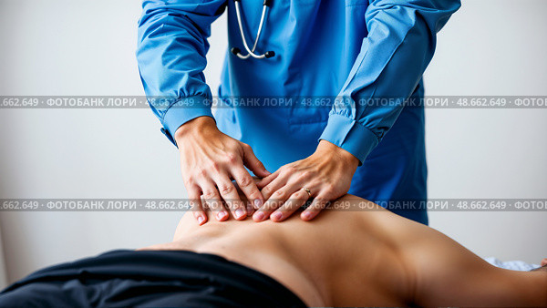 Сеанс остеопатии в кабинете врача. Крупный план. An osteopathy session in the doctor's office. Close-up. Стоковое AI-изображение, AI-художник Смирнова Светлана / Фотобанк Лори