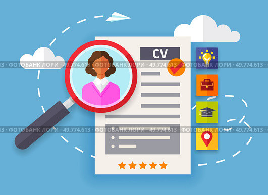 Search for candidate. Business resume, job interview, personal data form with magnifier and avatar. Job candidate, search for work, find worker, employee profile, career building service, website menu. Search for candidate. Business resume, job interview, personal data form with magnifier and avatar. Стоковая иллюстрация, агентство Ingram Publishing / Фотобанк Лори