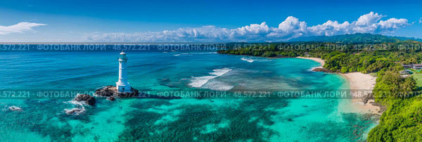 Seascape: A lighthouse on a rocky islet with coastline, pristine waters, and cloudscape. Стоковое AI-изображение, AI-художник Данила Большаков / Фотобанк Лори