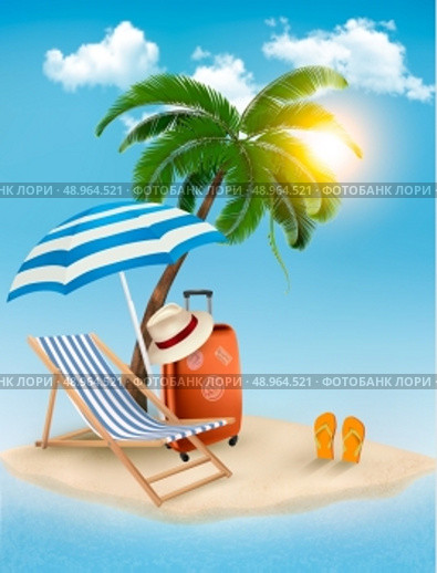 Seaside view with a palm tree, beach chair and parasol. Summer vacation concept background. Vector. Стоковая иллюстрация, агентство Ingram Publishing / Фотобанк Лори