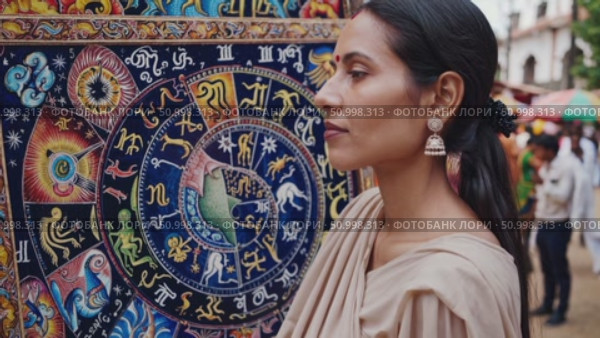 Seasoned Indian astrologer pointing at detailed natal chart wheel, explaining zodiac signs amid curious crowd during spiritual esoteric event. Стоковое AI-видео, аниматор Данил Руденко / Фотобанк Лори