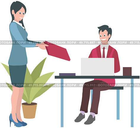Secretary giving documents to boss, business concept. Young happy woman office clerk manager cartoon character gives contracts or reports to businessman company leader chief at meeting, paperwork. Secretary giving documents to boss, business concept. Smiling man and woman at meeting in office. Стоковая иллюстрация, агентство Ingram Publishing / Фотобанк Лори