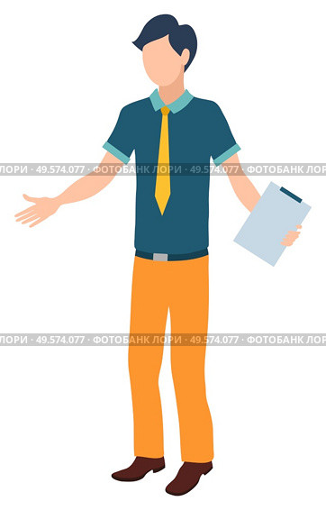 Secretary man with clipboard vector, isolated character worker with document paper on board. Male not knowing what to do, professional working male. Novice at Work Coping Task Man Helper Secretary. Стоковая иллюстрация, агентство Ingram Publishing / Фотобанк Лори