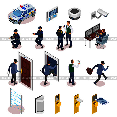 Security systems isometric icons set with laser motion sensors surveillance camera operator officers in action vector illustration. Стоковая иллюстрация, агентство Ingram Publishing / Фотобанк Лори