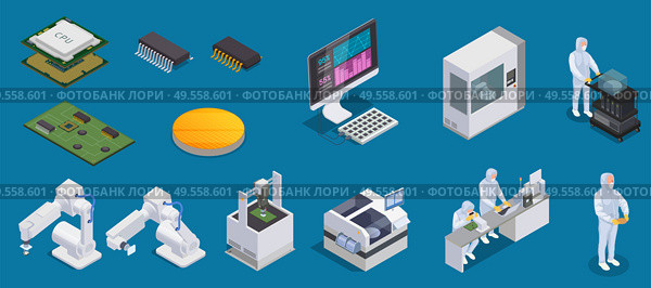 Semiconductor chip production isometric set with isolated icons of microprocessors production facilities and characters of workers vector illustation. Стоковая иллюстрация, агентство Ingram Publishing / Фотобанк Лори
