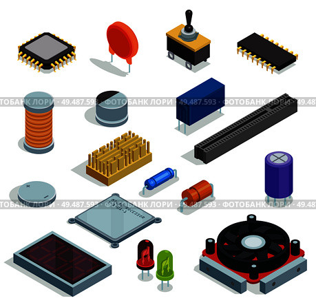 Semiconductor isometric set of microchip  microprocessor diode transistor capacitor resistor slot isolated elements vector illustration. Стоковая иллюстрация, агентство Ingram Publishing / Фотобанк Лори