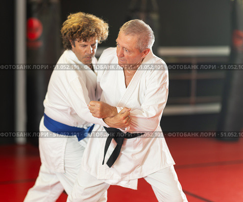 Senior aikido practitioner training with partner in dojo. Стоковое фото, фотограф Яков Филимонов / Фотобанк Лори