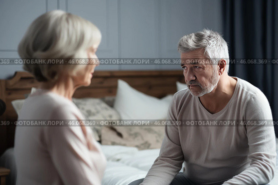 Senior couple arguing on bed, resentment and relationship problems. Стоковое AI-изображение, AI-художник Иван Рябоконь / Фотобанк Лори