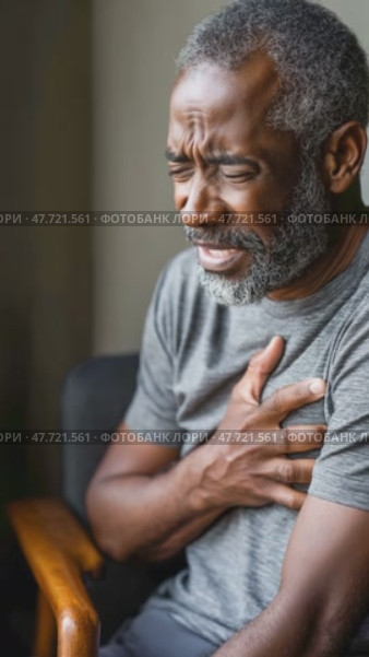 Senior man suffering chest pain while sitting on chair. Стоковое AI-видео, аниматор Юрий Поздников / Фотобанк Лори