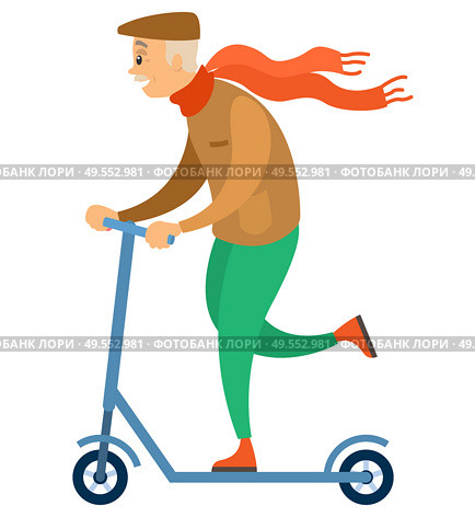 Senior person riding scooter wearing scarf vector, isolated man with hat having fun, pensioner leading active lifestyle, gray-headed character outdoor. Old Hipster Man Riding Scooter, Grandfather Sport. Стоковая иллюстрация, агентство Ingram Publishing / Фотобанк Лори
