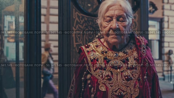 Senior woman in elaborate traditional dress posing gracefully near ornate wooden doorway, radiating vintage sophistication and cultural heritage. Стоковое AI-видео, аниматор Данил Руденко / Фотобанк Лори