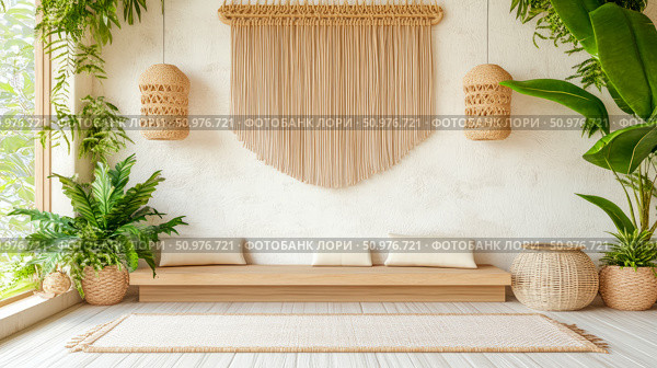 Serene Bohemian Interior Design: Wooden Bench, Macrame Wall Hanging, and Tropical Plants. Стоковое AI-изображение, AI-художник Данила Большаков / Фотобанк Лори