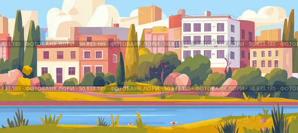Serene Riverside Town: Tranquil houses reflection at sunny day, scenic nature blend in urban living, peacefulness getaway. Стоковое AI-изображение, AI-художник Данила Большаков / Фотобанк Лори
