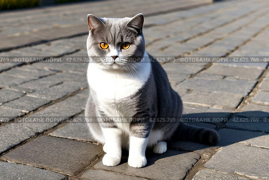 Serious British Shorthair Cat Sitting Outdoors, confident looking forward attentively. Gray british shorthair cat sits calmly on paved surface inside. Pet cats concept. Copy ad text space poster. Стоковое AI-изображение, AI-художник Aleksandr Golubev / Фотобанк Лори