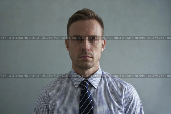 Serious man with pixels on his face so that he cannot be recognized. Стоковое AI-изображение, AI-художник Дмитрий Киселёв / Фотобанк Лори