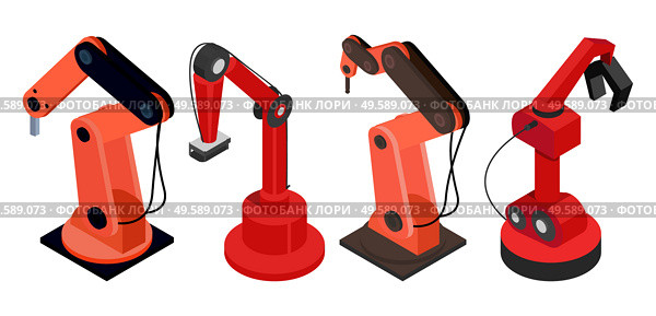 Set automated robotic mechanisms isolated on white. Factory robotic machines used in automated productions to reduce number or workers. Factory with modern technologies. Vector illustration isometric. Robotic Machines on Automated Production, Industry. Стоковая иллюстрация, агентство Ingram Publishing / Фотобанк Лори