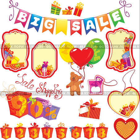 Set Big Sale elements for design - colorful gift boxes, presents, labels, teddy bear and numerals. Стоковая иллюстрация, агентство Ingram Publishing / Фотобанк Лори
