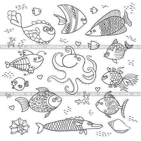 Set cute fish and octopus for the design of child coloring. Set cute fish and octopus for the design of child coloring. Vector illustration. Стоковая иллюстрация, агентство Ingram Publishing / Фотобанк Лори