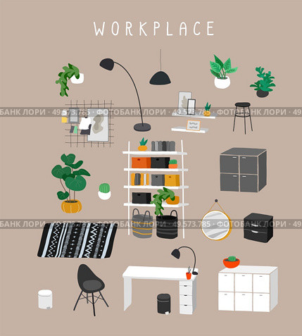 Set for workplace or home office with stylish comfy furniture and modern home decorations in trendy Scandinavian or hygge style. Cozy Interior furnished home plants. Flat cartoon vector illustration. Set for workplace or home office with stylish comfy furniture and modern home decorations in trendy Scandinavian or hygge style. Cozy Interior furnished home plants. Flat cartoon vector. Стоковая иллюстрация, агентство Ingram Publishing / Фотобанк Лори