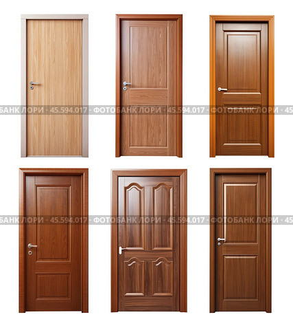 Set of a modern wooden doors with a platband, isolated on a transparent background. Стоковое AI-изображение, AI-художник Михаил Строгалев / Фотобанк Лори