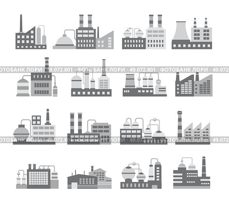 Set of black and white vector industrial buildings. Boiler building. Power building. Warehouses building. Factories building. The substation building. Buildings urban and industrial buildings. Стоковая иллюстрация, агентство Ingram Publishing / Фотобанк Лори