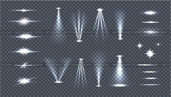 Set of bright lights on transparency. Glow flash fireworks illuminated sparkle. Glow light special effects. Shine explosion spark, flare effect, twinkling rays. Starburst. Vector illustration. Set of Bright Lights on Transparency. Glow Flash. Set of Bright Lights on Transparency. Glow Flash. Стоковая иллюстрация, агентство Ingram Publishing / Фотобанк Лори
