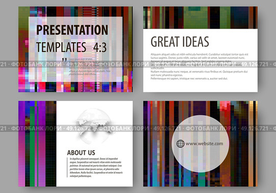 Set of business templates for presentation slides. Easy editable abstract layouts in flat design, vector illustration. Glitched background made of colorful pixel mosaic. Digital decay, signal error, television fail. Trendy glitch backdrop. Стоковая иллюстрация, агентство Ingram Publishing / Фотобанк Лори