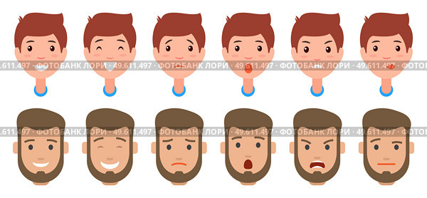 Set of character s emotions. Cartoon vector illustration. Boy and bearded man facial emotions. Emoji with different expressions. Front view of male s head. Angry, kind, smiles, screaming characters. Set of character s emotions. Cartoon vector illustration. Boy and bearded man facial emotions. Стоковая иллюстрация, агентство Ingram Publishing / Фотобанк Лори