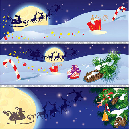 Set of Christmas and New Year horizontal banners with flying reindeers on sky background with fir tree branches and presents. . Стоковая иллюстрация, агентство Ingram Publishing / Фотобанк Лори