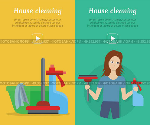 Set of cleaning service web banners. Flat style. House cleaning vector concepts with woman, sprayer and wiper. Illustration with play button for housekeeping online services, sites, video, animation . Set of Cleaning Service Flat Style Web Banners. Set of Cleaning Service Flat Style Web Banners. Стоковая иллюстрация, агентство Ingram Publishing / Фотобанк Лори